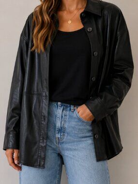 Joseph Ribkoff Black Faux Leather Oversized Button-Up Jacket Size Large
